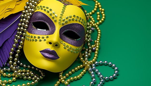 Foto maschera d'oro di mardi gras, costume elegante, piuma generata dall'ai.