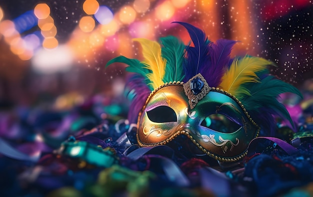 A mardi gras mask is laying on a pile of colorful beads.