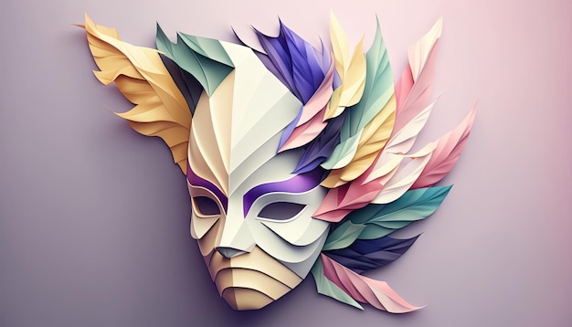 Photo mardi gras mask with colored plumage in origami style