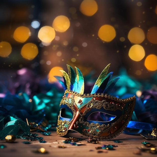 A mardi gras mask with colorful feathers on the top