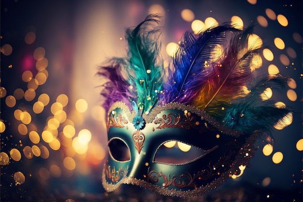 A mardi gras mask with colorful feathers