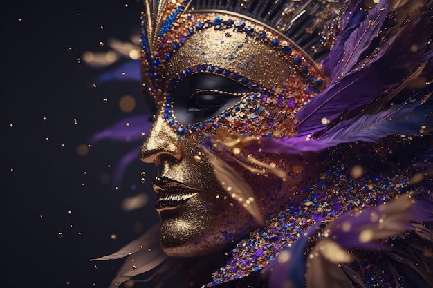 Mardi gras mask with lot of shiny confetti glitter and feathers Neural network AI generated art