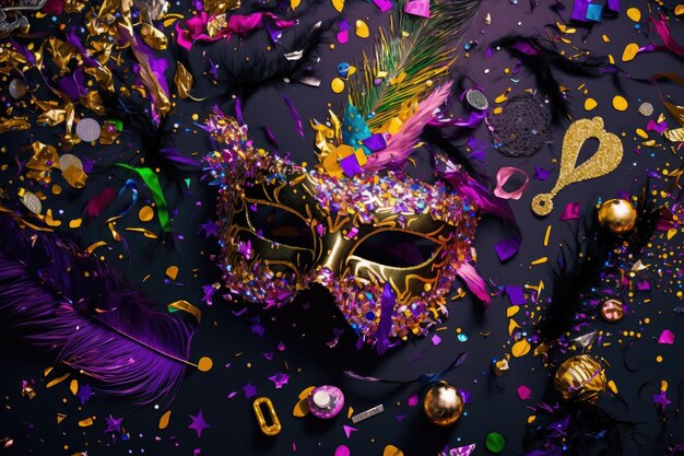 Mardi gras mask with lot of shiny confetti glitter and feathers Neural network AI generated art