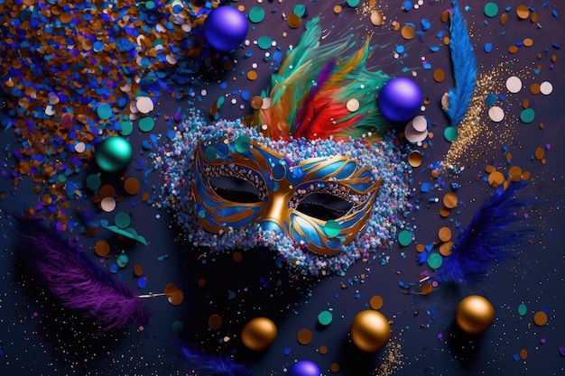 Mardi gras mask with lot of shiny confetti glitter and feathers Neural network AI generated art