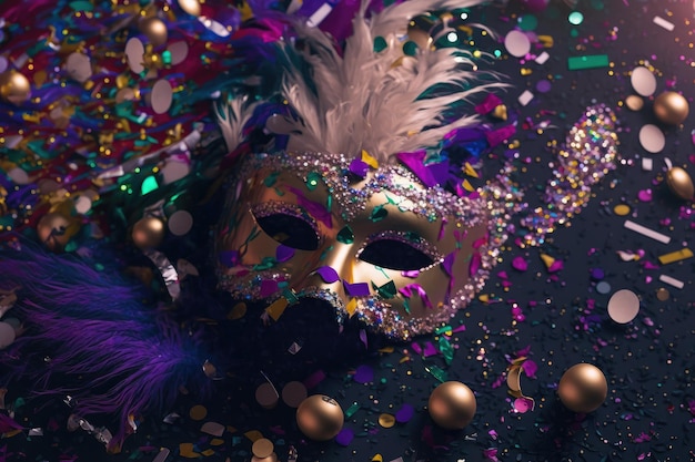 Mardi gras mask with lot of shiny confetti glitter and feathers Neural network AI generated art