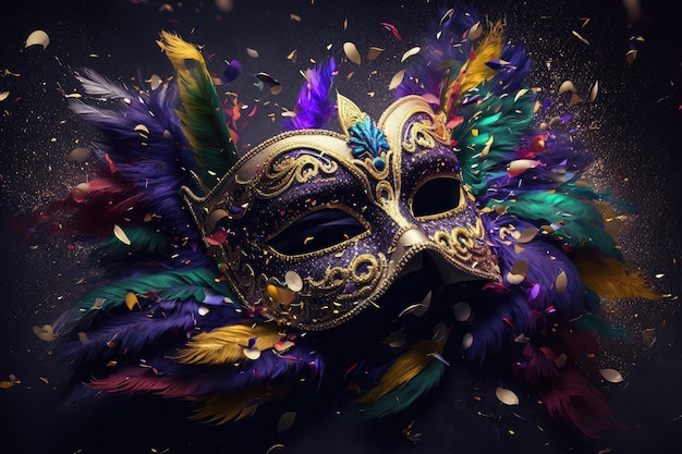 Mardi gras mask with lot of shiny confetti glitter and feathers Neural network AI generated art