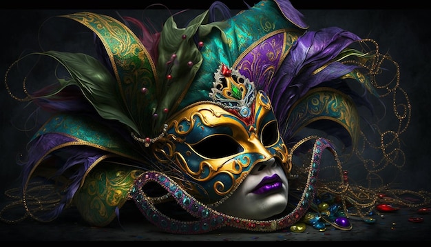 A mardi gras mask with purple and gold beads