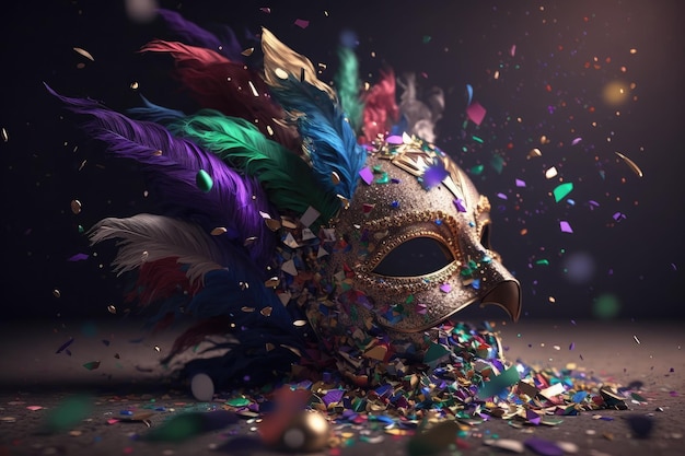 Mardi gras masker met veel glanzende confetti glitter en veren Neuraal netwerk AI gegenereerde kunst