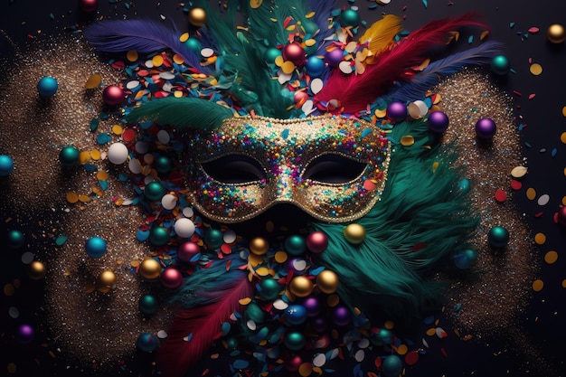 Mardi gras masker met veel glanzende confetti glitter en veren Neuraal netwerk AI gegenereerde kunst