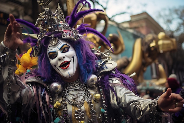 マルディグラのパレードのお祭り騒ぎの写真撮影