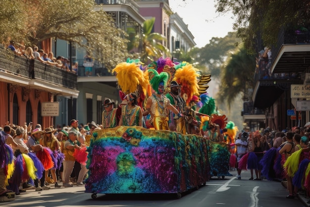 Mardi gras parade with floats and performers marching through the streets created with generative ai