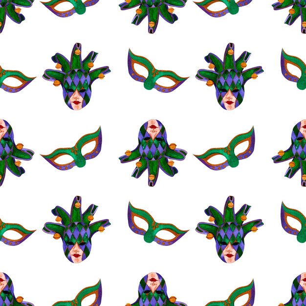 Mardi gras two mask purple green watercolor pattern on isolated white background hand drawn