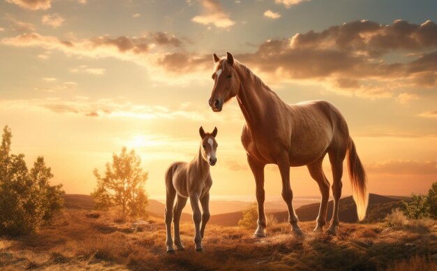 夕暮れの馬と小馬