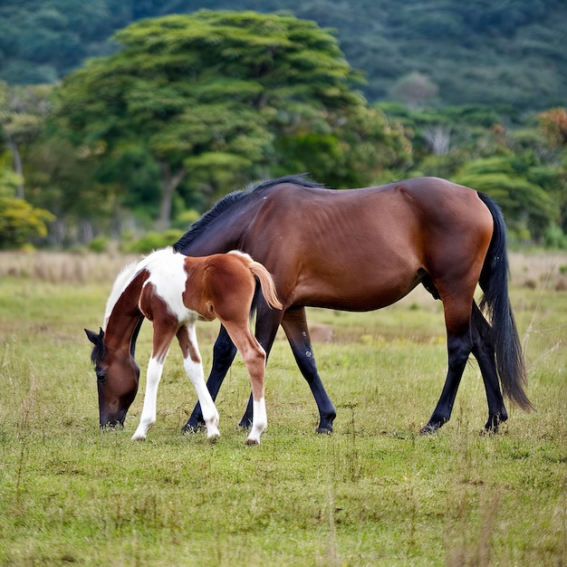 Mare and foal with white brown graze in a meadow of Thailand