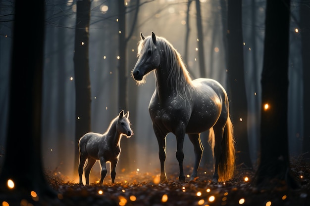 Mare and its foal bonding in a magical moonlit clearing Generative AI