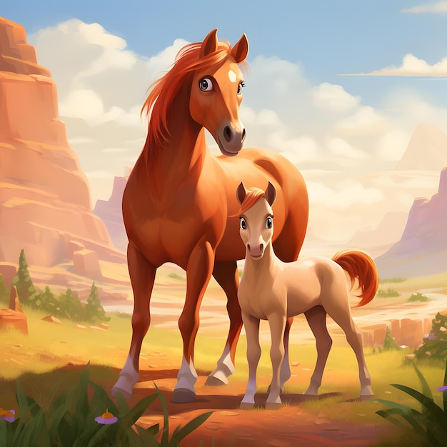 A mare with its foal Pixar style