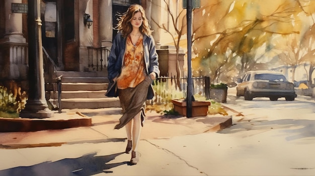 Margaret Walking On Sidewalk Watercolor