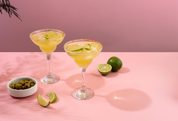 Foto cocktail margarita concetto di bevande classiche bevande estive colorate rinfrescanti su sfondo rosa con foglia di palma ombra menu di bevande da bar