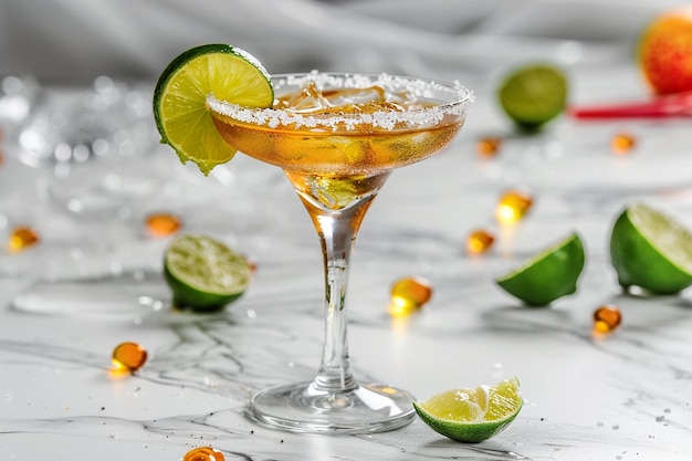 Margarita cocktail with a salted rim and lime slice