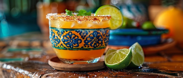 Foto margarita geserveerd op een rustieke tafel in een levendige mexicaanse cantina