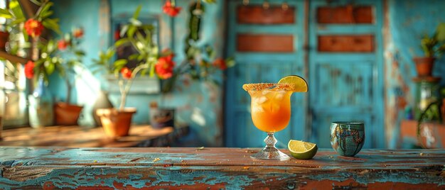 Margarita served on a rustic table in a vibrant mexican cantina