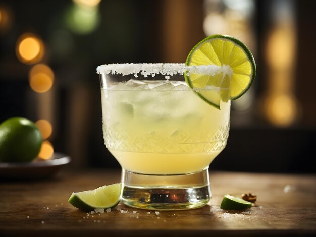 Margarita with a hint of sweetness served in a glass with a limesalt rim and a lime wheel garnish