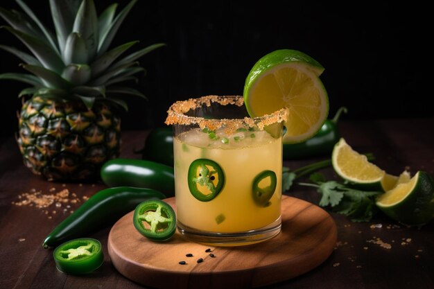 A margarita with jalapeno and jalapeno on a wooden board