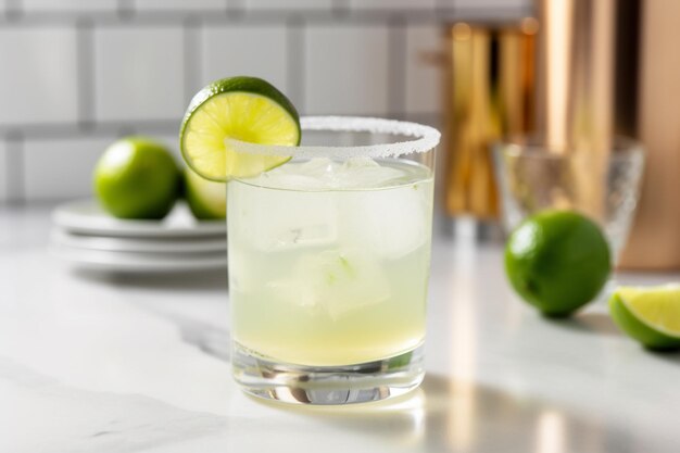 A margarita with limes on a counter