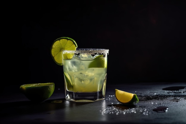 Margarita with limes in an old fashioned glass on a dark background Generated ai