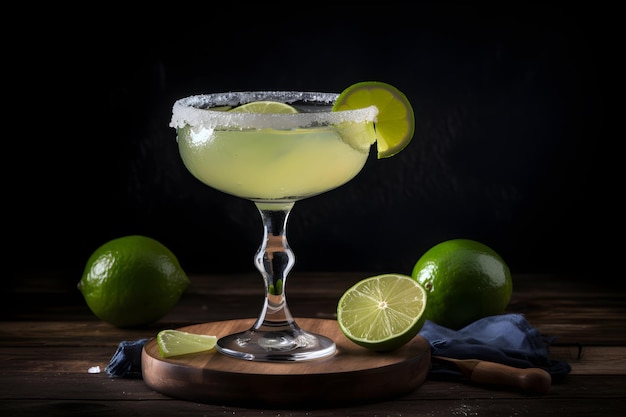 A margarita with limes on a wooden board