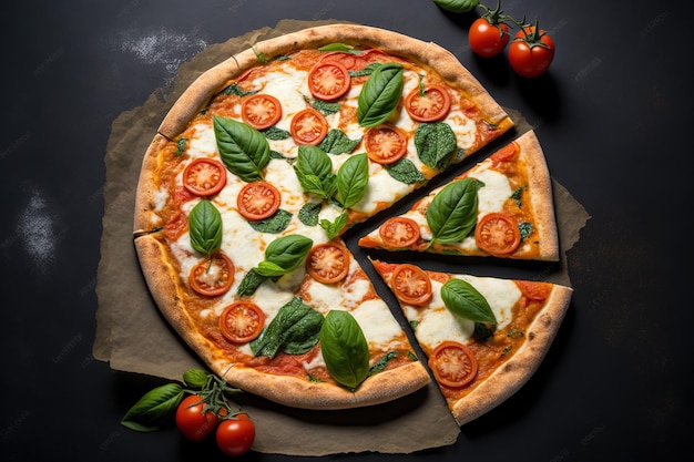 모짜렐라 치즈 토마토와 바질을 얹은 검은 돌 수제 피자의 배경에 있는 마르게리타 피자