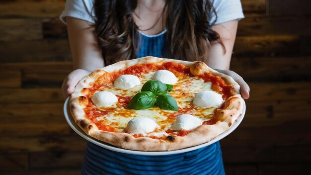 Foto margherita pizza een vrouw met pizza met kaas basilicum en mozzarella