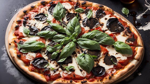 A margherita pizza with charred smoky crust fresh basil leaves and a drizzle of balsamic vinegar