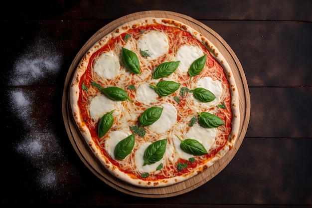 Margherita pizza with a dark wooden backdrop top view