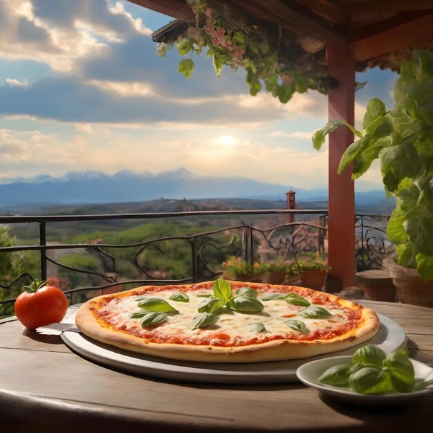 Foto pizza margherita con vista panoramica