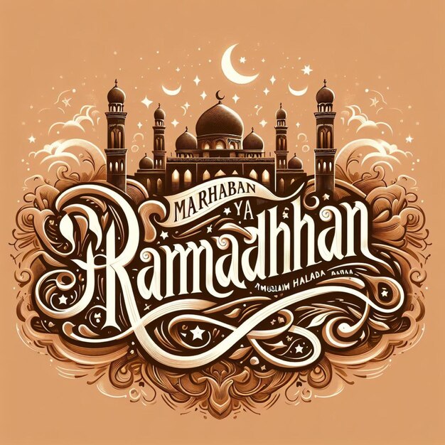 Marhaban Ya Ramadhan Greeting with hand lettering calligraphy and illustration