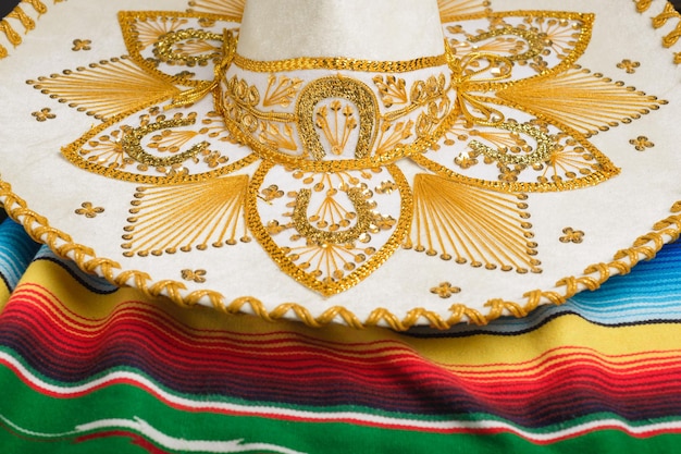 Mariachi hat on colorful serape Mexican sombrero Cinco de mayo background