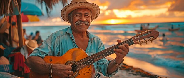 mariachi man met een gitaar op het strand
