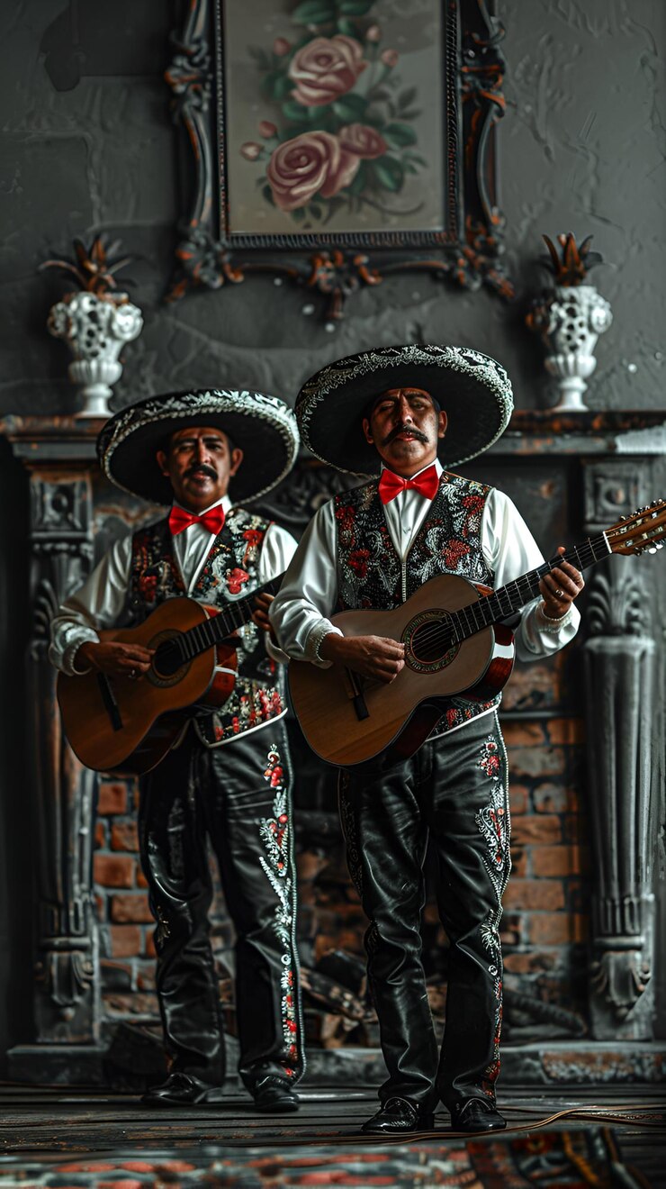 Photo mariachi musicians in traditional attire guitar singing old fireplace