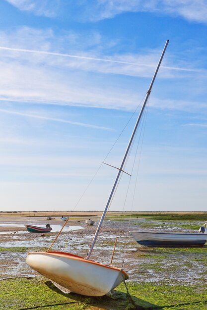 Mariene boot met een mast na vloed in de baai. Zomer.