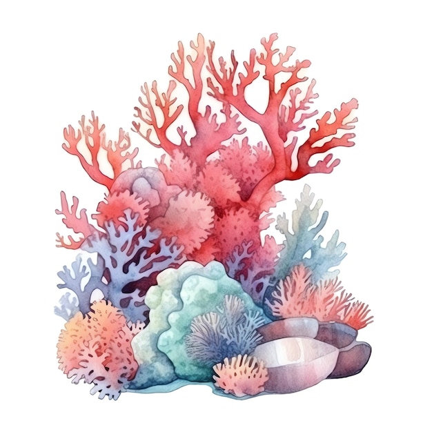 Mariene kleurrijke koraalrif aquarel illustratie zeedieren clipart