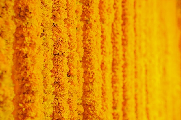 Marigold arrangement to flower steering and mobile to decorate event / festival for photo shooting or backdrop and background in Flower Market, Thailand.