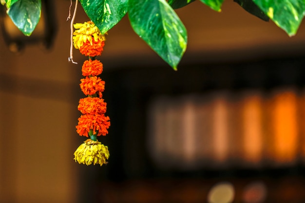 Marigold flower and green leaf decoration on door for welcome