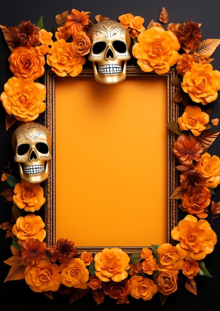 Marigold flower mexican dia de muertos day of the dead watercolor border frame