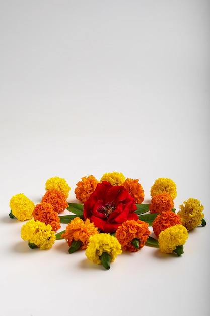 Marigold Flower rangoli Design for Diwali Festival , Indian Festival flower decoration