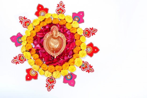 Marigold Flower rangoli Design for Diwali Festival , Indian Festival flower decoration