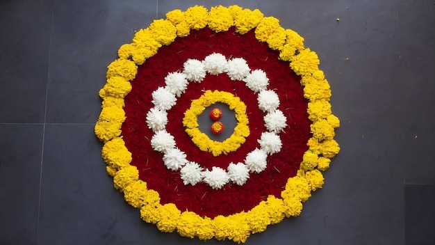 Photo marigold flower rangoli design for diwali festival indian festival flower decoration