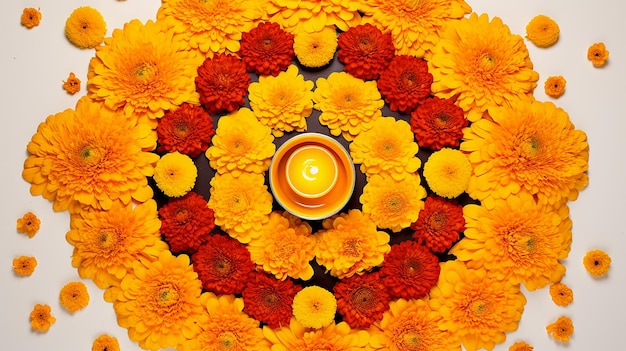 Foto marigold flower rangoli design per il festival di diwali
