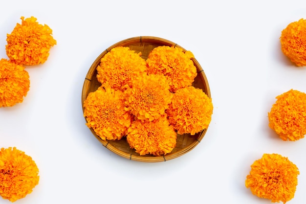 Marigold flowers in bamboo basket