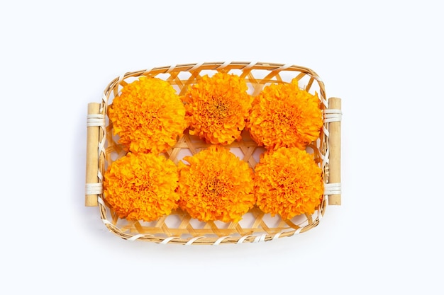 Marigold flowers in bamboo basket